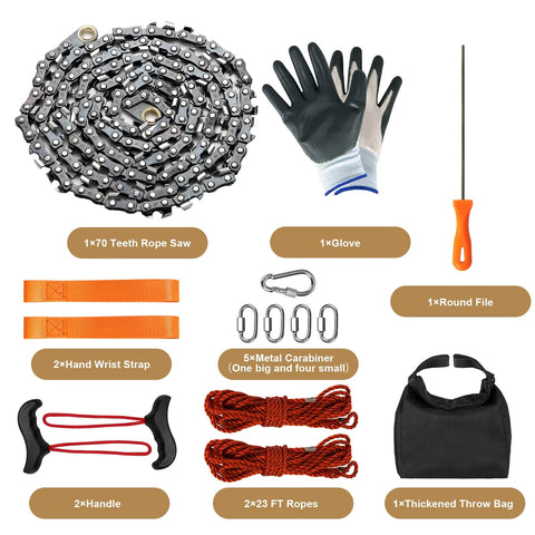 Rope Saw For Tree Limbs 55 Inch Pocket Chainsaw Kit With 70 Teeth And 46 Feet Rope, includes gloves, handles, straps, and carabiners