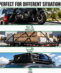 No Sweat Hauling Self Retracting Ratchet Straps 1500 Lb Break Strength 2 Pack securing motorcycle and cargo on trailers.