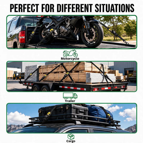 No Sweat Hauling Self Retracting Ratchet Straps 1500 Lb Break Strength 2 Pack securing motorcycle and cargo on trailers.