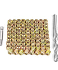 80 Pcs M6x10mm Wood Threaded Inserts Set With Metal Headless Screws And Hex Socket Drive Nuts shown with drill bit