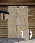Front view of Eight Foot Double Barn Door Hardware Kit With Sliding Box Rail Ceiling Mount For Exterior And Interior Doors Heavy Duty Black Aluminum Track System With Anti Corrosion Coating Fits Doors Up To 44 Inches Opening And 24 Inches Panel Width installed on a wooden door, showing clearance and fit details.