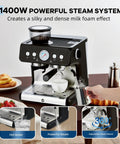 Level Up Your Coffee Game With This Badass 20 Bar Espresso Maker Featuring A Built In Grinder, Stainless Steel Body, Huge 2.8 Liter Tank, And Steam Wand For Flawless Lattes And Cappuccinos, Black with powerful steam system.