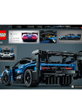 Back of LEGO box showing Build And Display A McLaren Senna GTR Toy Car Kit Ultra Detailed 1 to 14 Scale Model for Builders and Car Fans.
