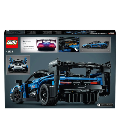 Back of LEGO box showing Build And Display A McLaren Senna GTR Toy Car Kit Ultra Detailed 1 to 14 Scale Model for Builders and Car Fans.