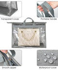Clear Dustproof Handbag Storage Organizer for closet, transparent with zipper, handle and waterproof cover, holding a small purse