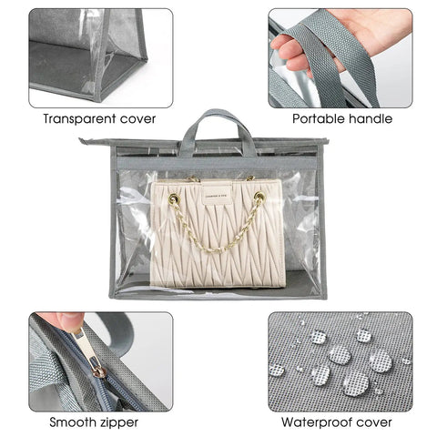 Clear Dustproof Handbag Storage Organizer for closet, transparent with zipper, handle and waterproof cover, holding a small purse