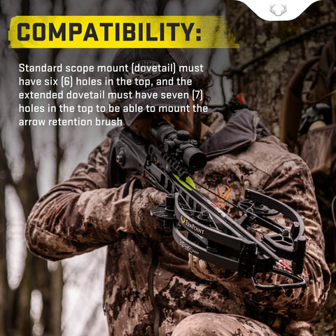 Hunter with crossbow featuring Arrow Retention Brush For Improved Grip And Alignment, Quiet Shooting And Vibration Reduction