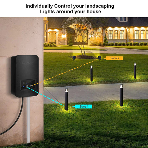 Smart 120 Watt Low Voltage Landscape Transformer With Two Independent Zones for lighting control shown with garden path lights