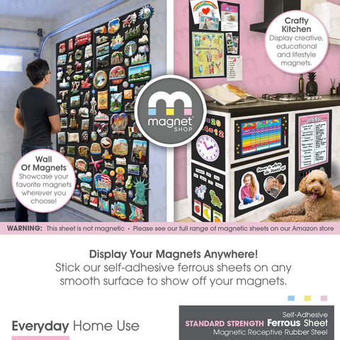 Person arranging magnets on a wall using Magnet Receptive Sheets With Adhesive Backing For Crafting And Magnetic Miniatures Storage, 5 Pack.