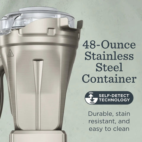 48-Ounce Stainless Steel Blender Container With Self-Detect, featuring BPA-free clear lid and dishwasher-safe design.