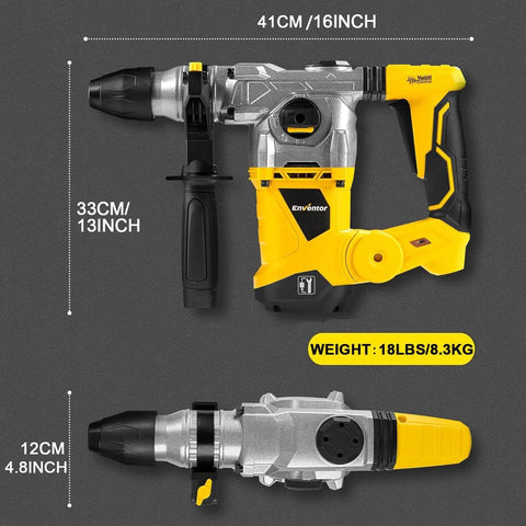 Front and side view of SDS Plus Rotary Hammer Drill 1500W Workhorse With 6 Joules Impact, includes chisel and drill bits.