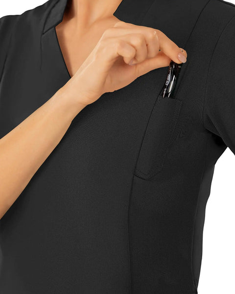 Women Slim Fit V Neck Mock Collar Scrub Top Soft Stretch Medical Uniform Nurse Shirt Super Comfy Hospital Workwear showing pocket with pen.