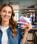 Woman in denim jacket holding All In One Handy 7 Piece Seam Ripper Kit with sewing supplies and mannequin in the background.