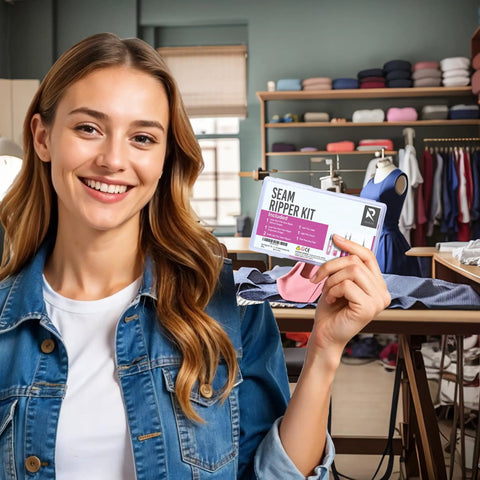 Woman in denim jacket holding All In One Handy 7 Piece Seam Ripper Kit with sewing supplies and mannequin in the background.