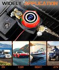 Upgraded Battery Disconnect Switch With Bright Digital Voltage Meter And Tailgate Ready Kill Isolator For Auto Rv Truck Marine Negative Terminal Battery Shield mounted on a battery.
