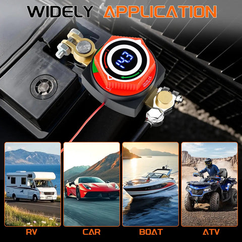 Upgraded Battery Disconnect Switch With Bright Digital Voltage Meter And Tailgate Ready Kill Isolator For Auto Rv Truck Marine Negative Terminal Battery Shield mounted on a battery.