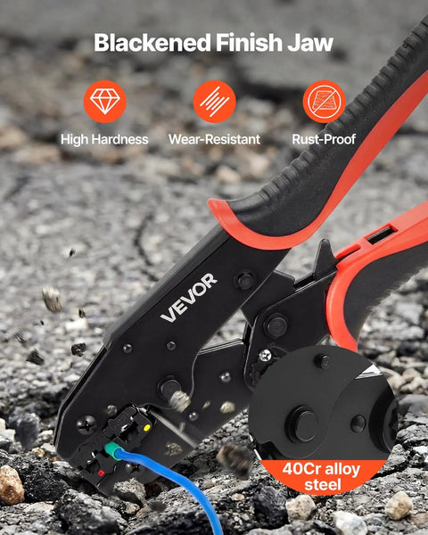 Heavy Duty Ratcheting Wire Crimper Pliers For 22 To 10 AWG Electrical Terminals, featuring blackened finish and ergonomic grip.