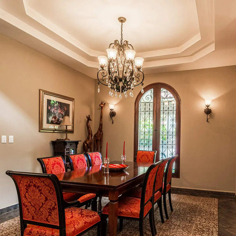 Elegant dining room with chandelier lit by 4 Pack E12 LED Bulbs 16W 100 Watt Equivalent Daylight White 6000K 1500 Lumen