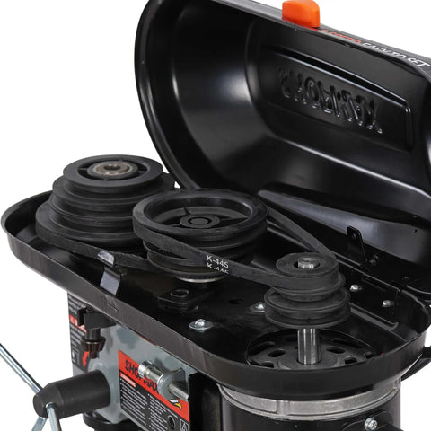 Close-up of 8 Inch Benchtop Drill Press With 9 Adjustable Speeds From 500 To 3200 RPM, 4.2 Amp Motor showing belt mechanics.