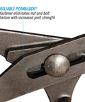 Close-up of Adjustable Oil Filter Pliers 15 Inch With Six Position Slip Joint Diameter showing Permalock fastener.