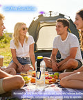 Durable Silicone Water Bottle Holder With Carabiner Clip And Key Ring on picnic blanket in front of tent with group of friends