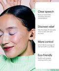 Woman wearing Engage 2 Plus Ear Plugs for Everyday Noise Relief with 16 dB SNR and Extra 9 dB Mute, highlighting clear speech.