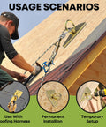 Built Like a Tank Pro Grade Bull Ring Roof Anchor for Fall Protection in use with roofing harness on sloped wooden deck.