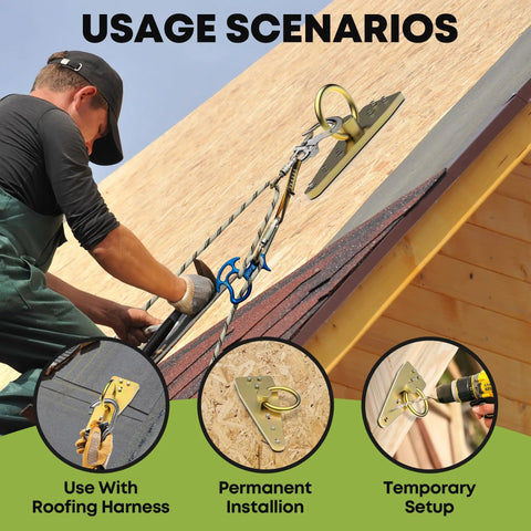 Built Like a Tank Pro Grade Bull Ring Roof Anchor for Fall Protection in use with roofing harness on sloped wooden deck.