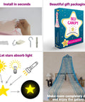 Glow In The Dark Stars Canopy Bed For Girls With Galaxy Lights And Princess Net Tent, installation kit and product packaging show how to install and use the canopy.