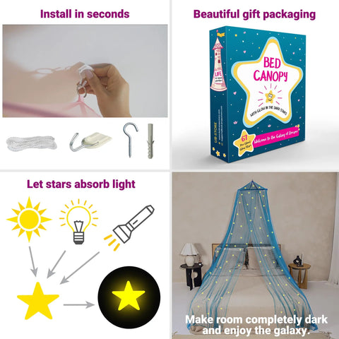 Glow In The Dark Stars Canopy Bed For Girls With Galaxy Lights And Princess Net Tent, installation kit and product packaging show how to install and use the canopy.