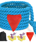 Tug of War Rope Kit with 20ft blue cotton rope, red center flag, 12 gold medals, and black storage bag for kids and adults.