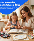 Mother and daughter using Beginner Embroidery Kit With 86-Piece Tools Set And Hoop, 106 Patterns, 18 Threads, Pre Printed Fabrics