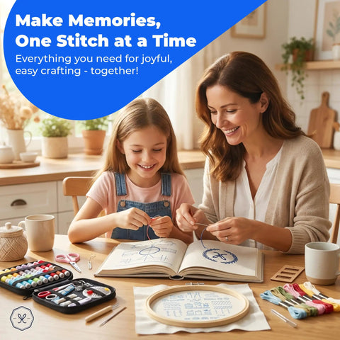 Mother and daughter using Beginner Embroidery Kit With 86-Piece Tools Set And Hoop, 106 Patterns, 18 Threads, Pre Printed Fabrics