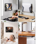 Heavy Duty Under Desk Laptop Mount And Wall Holder Adjustable Metal Bracket keeps a tablet secure in various settings, cooking to relaxing.