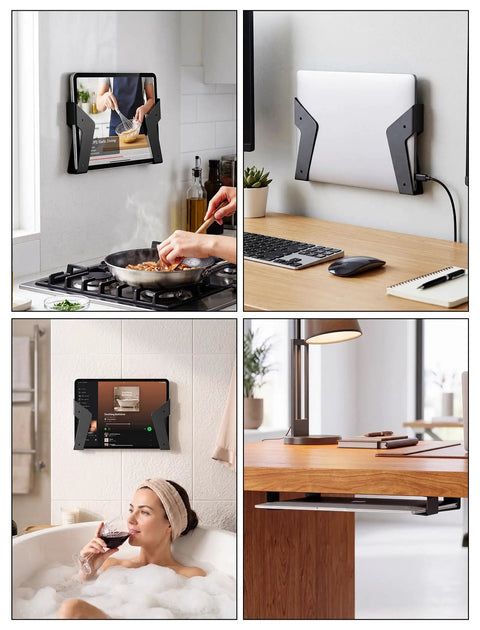 Heavy Duty Under Desk Laptop Mount And Wall Holder Adjustable Metal Bracket keeps a tablet secure in various settings, cooking to relaxing.