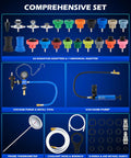 Workhorse 33 Piece Coolant Pressure Tester Kit Featuring Master Vacuum Refill Pump And 23 Adapters: 22 radiator adapters and a vacuum pump.