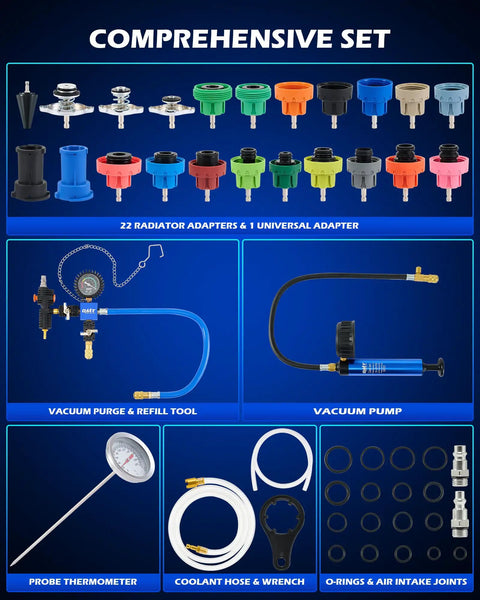 Workhorse 33 Piece Coolant Pressure Tester Kit Featuring Master Vacuum Refill Pump And 23 Adapters: 22 radiator adapters and a vacuum pump.