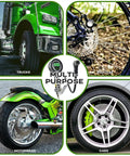 Collage showing trucks, bicycles, motorbikes, and cars with Digital Bicycle Tire Inflator Gauge With Auto Select Valve Head highlighted.