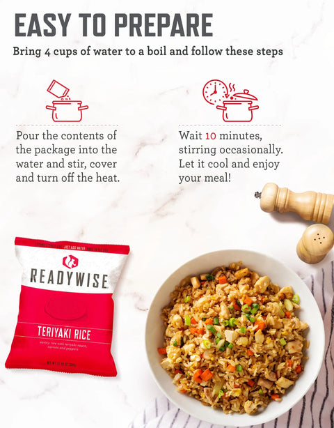 7 Day Emergency Food Kit For Bug Out And Camping With 60 Servings Of Freeze Dried Breakfast And Entrees Survival Meals For Outages And Hurricanes Long Lasting Up To 25 Year Shelf Life, teriyaki rice preparation.