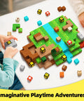 Kids playing with colorful magnetic blocks, building a landscape scene. Magnetic Blocks Building Toys for Kids 3 Plus Boys and Girls Game Based MagWonder Construction Set Upgraded Cool STEM Sensory Gift for Birthday Playtime Creative Magnetic Building Set for Little Builders visible.