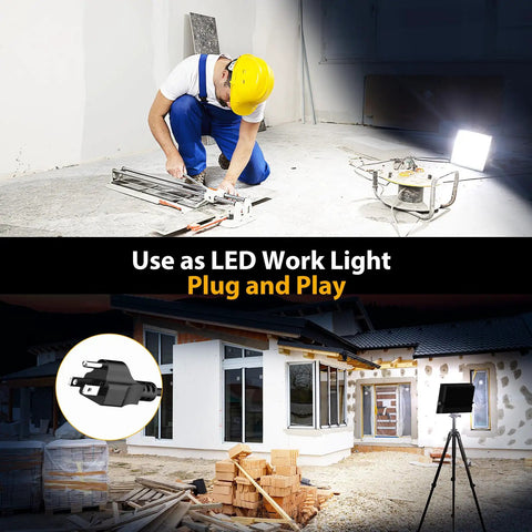 Ultra Bright 120W Outdoor LED Flood Lights Heavy Duty 12000 Lumens Plug In Work Light illuminating construction site and house exterior