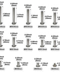 Top Drawer Nickel Plated Chicago Binding Screw Kit Holding 230 Pieces Of Assorted Post Extenders With Phillips Heads For Heavy Duty Leather Work Scrapbooks And Photo Albums showing various post lengths and sizes.