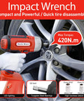 Hand using impact wrench to loosen car wheel lug nuts; shows max torque 420 Nm, tungsten steel bearings, and LED lighting.