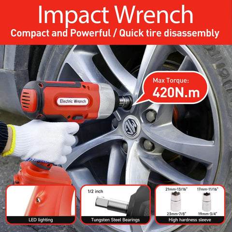Hand using impact wrench to loosen car wheel lug nuts; shows max torque 420 Nm, tungsten steel bearings, and LED lighting.