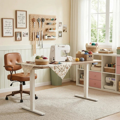Sleek Tile Adjustable Height Sewing Table, 47 Inch Maple Workbench With Smart Memory Presets in a crafting studio setup.