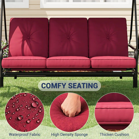 Three Seat Outdoor Porch Swing With Adjustable Canopy And Convertible Bed Stand Thick Cushions And Deep Cup Holders Weather Resistant Steel Frame For Backyard Vibes Garden Or Porch Red