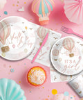 Pink Hot Air Balloon Baby Shower Tableware Set Disposable For Girly Baby Shower Decor Includes Plates Cups Napkins And Cutlery