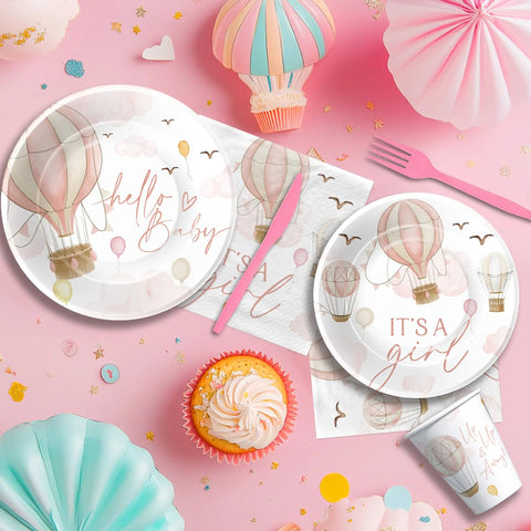 Pink Hot Air Balloon Baby Shower Tableware Set Disposable For Girly Baby Shower Decor Includes Plates Cups Napkins And Cutlery