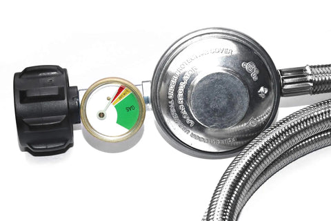 Close-up of Stainless Braided Propane Regulator Hose With Gauge 5 Feet Long Type 1 QCC 1 Connection 3 8 Inch Female Flare