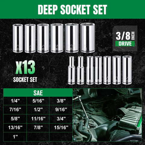 3/8 Inch Drive Deep Socket Set, SAE 13-Piece 1/4 To 1 Inch, SuperKrome Finish, with size chart and engine background